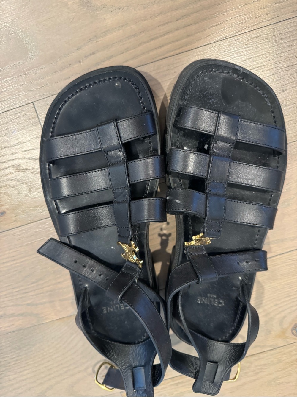 Celine Black Leather Strappy Women's Sandals with Gold Hardware